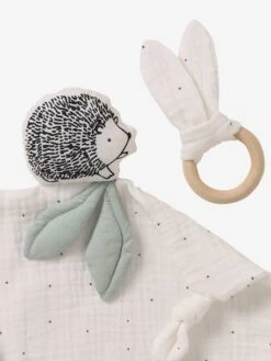 Doudou Carré En Coton Bio* Et Polyester + Hochet Rond LOVELY NATURE Blanc Moyen Uni Avec Decor - Vertbaudet -Magasin De Jouets doudou carre en coton bio et polyester hochet rond lovely nature 2