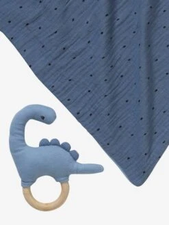 Doudou En Gaze De Coton + Hochet En Bois PETIT DINO Multicolore - Vertbaudet -Magasin De Jouets doudou en gaze de coton hochet en bois petit dino 5